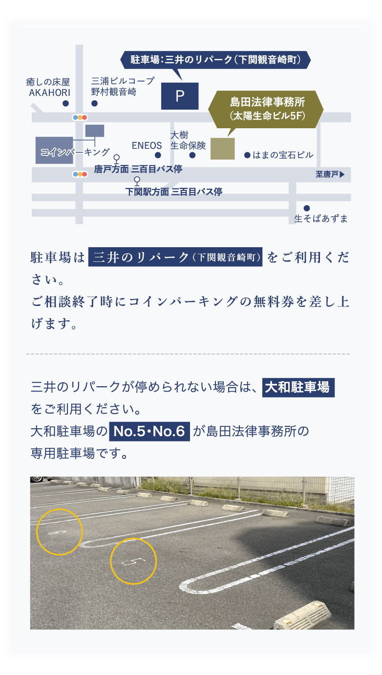 駐車場は 三井のリパーク(下関観音崎町) をご利用ください。駐車券をお持ちいただけた方には、1時間の無料券を差し上げます。三井のリパークが停められない場合は、大和駐車場をご利用ください。大和駐車場のNo.5・No.6が島田法律事務所の専用駐車場です。