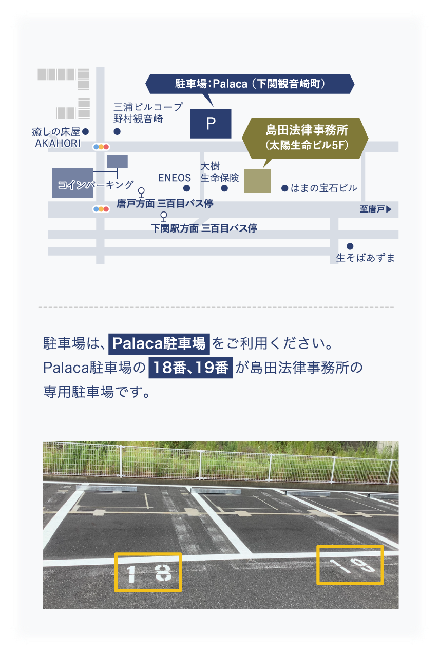 駐車場は 三井のリパーク（下関観音崎町） をご利用ください。駐車券をお持ちいただけた方には、1時間の無料券を差し上げます。三井のリパークが停められない場合は、大和駐車場をご利用ください。大和駐車場のNo.5・No.6が島田法律事務所の専用駐車場です。